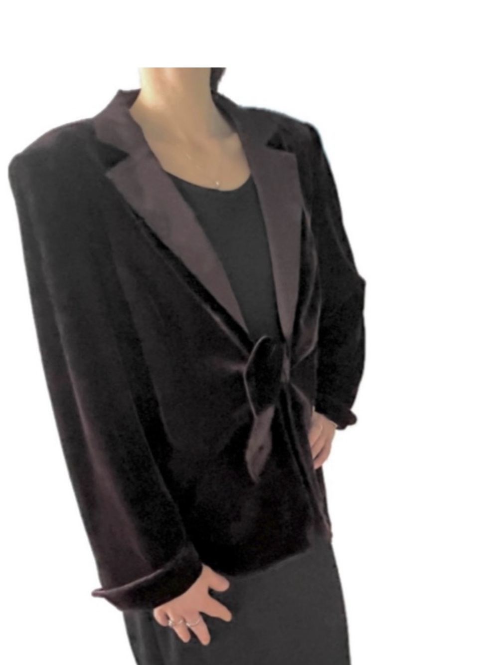 Vintage 90s Espresso Brown Velvet Blazer w/ Satin Shawl Collar & Bow Closure”
